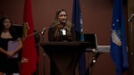 Julie Whitecotton speaks at the dedication ceremony for a historical marker on Oregon Highway 35 for the state's Nisei veterans of World War II. The ceremony was held at a church in Hood River on Veterans Day, Tuesday, Nov. 11, 2025.