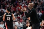 Portland Trail Blazers head coach Chauncey Billups reacts during the second half of an NBA basketball game against the Minnesota Timberwolves on Wednesday, Oct. 22, 2025, in Portland, Ore.