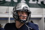 Lake Oswego's Marshall McGuire talks up his teammates at halftime of the Oregon 6A football championship at Hillsboro Stadium in Hillsboro, Ore., Saturday, Dec. 7, 2019. Central Catholic defeated Lake Oswego 49-28.
