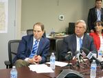 Oregon Democratic Sen. Ron Wyden, left, was in Portland on Friday with USDA Secretary Tom Vilsack to discuss a bill Wyden says would change how the country funds wildfire fighting efforts. 