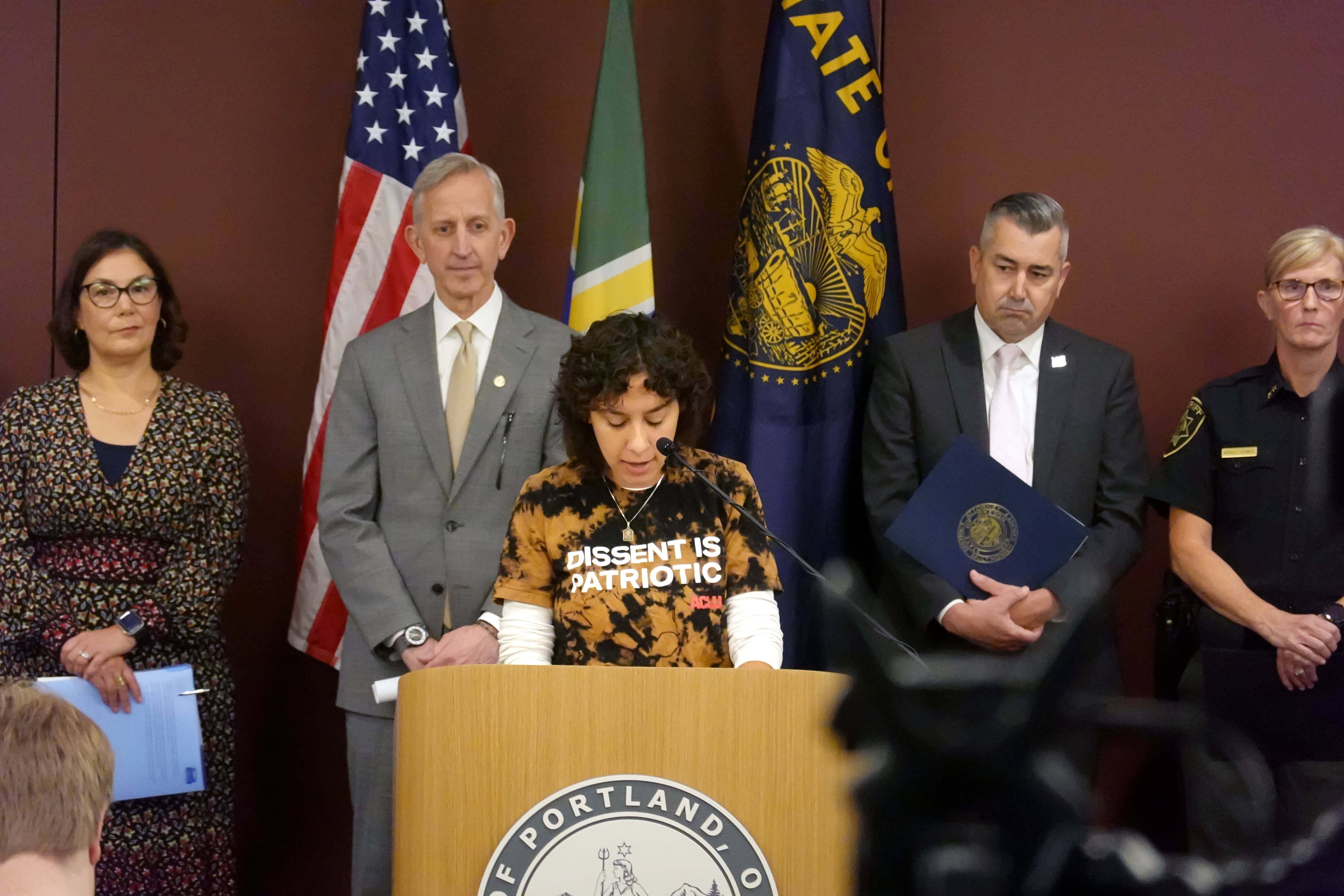 Kennedy Parish of the American Civil Liberties Union of Oregon addresses a press conference on June 13, 2025, in Portland, Ore., asking for peaceful protests.