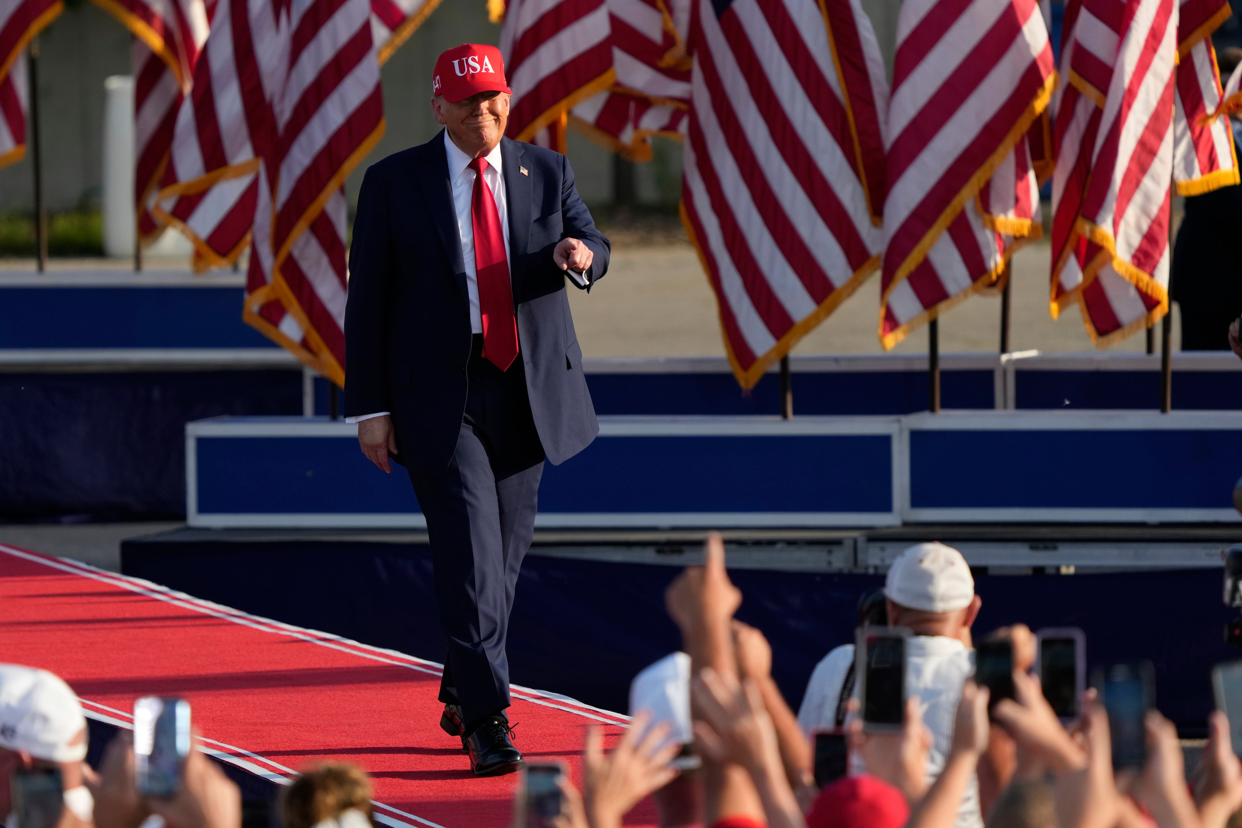 President Donald Trump arrives to speak at a rally at the Iowa State Fairgrounds, Thursday, July 3, 2025, in Des Moines, Iowa.