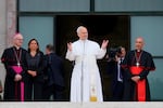 Pope Leo XIV, accompanied by, from left, Prefect of the Pontifical Household Archbishop Petar Rajič, Dean Antonella Polimeni, and his vicar for the city of Rome Cardinal Baldo Reina, visits the Città Universitaria (University City) at Sapienza University of Rome to meet with faculty and students at the institution's primary campus, one of the world's oldest and largest universities, Thursday, May 14, 2026.