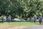 Medford police at Hawthorne Park in Medford, Ore., on Tuesday, Sept. 22 while clearing an encampment of people experiencing homelessness.