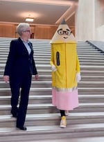 In this screenshot from video, Gov. Tina Kotek, left, meets Pencil at the Oregon State Capitol on Sept. 8, 2026. 