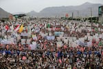 Yemeni supporters of the Iran-backed Houthi movement gather during a rally against what the group says are restrictions imposed by the Saudi-led coalition on Houthi-controlled areas of Yemen, in Sanaa on July 17.