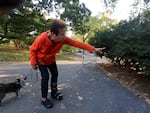 Florence Slatkin, with her dog Paco, points to the spot where she and a friend discovered a dead bear cub in New York's Central Park, on Oct. 7, 2014.