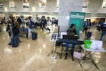 Roz McCommon performs amid travelers at Seattle-Tacoma International Airport on November 26, 2024, in SeaTac, Wash.