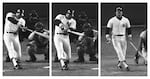 FILE - In this combo image, New York Yankees slugger Reggie Jackson hits home runs on three consecutive pitches from three different Los Angeles Dodgers pitchers in Game 6 of the World Series, Oct. 18, 1977. Here, from left, Jackson goes deep off Burt Hooton in the fourth inning. Then, he takes Elias Sosa out of the park in the fifth. And finally, he admires his eighth inning homer off Charlie Hough.