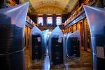 This photo provided by Pannonhalma Archabbey shows books kept in hermetically sealed plastic sacks for disinfection at the Pannonhalma Archabbey's library in Pannonhalma, Hungary on July 3 as a beetle infestation threatens its ancient collection.