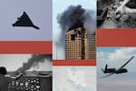 A collage of images including an Iranian-designed Shahed-136 drone flown by Russia in 2025, smoke rising after drone strike in Port Sudan in 2025, smoke billowing out of a high-rise building in Kuwait City on March 8, a map of Iran and surrounding countries, a photo of a small commercial drone being used by a Ukrainian soldier in 2023 and a Global Hawk drone flying over California in 2023. 