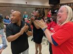 Volkswagen workers and union supporters anxiously watch the vote count at a watch party organized by the UAW in Chattanooga, Tenn., on April 19, 2024.