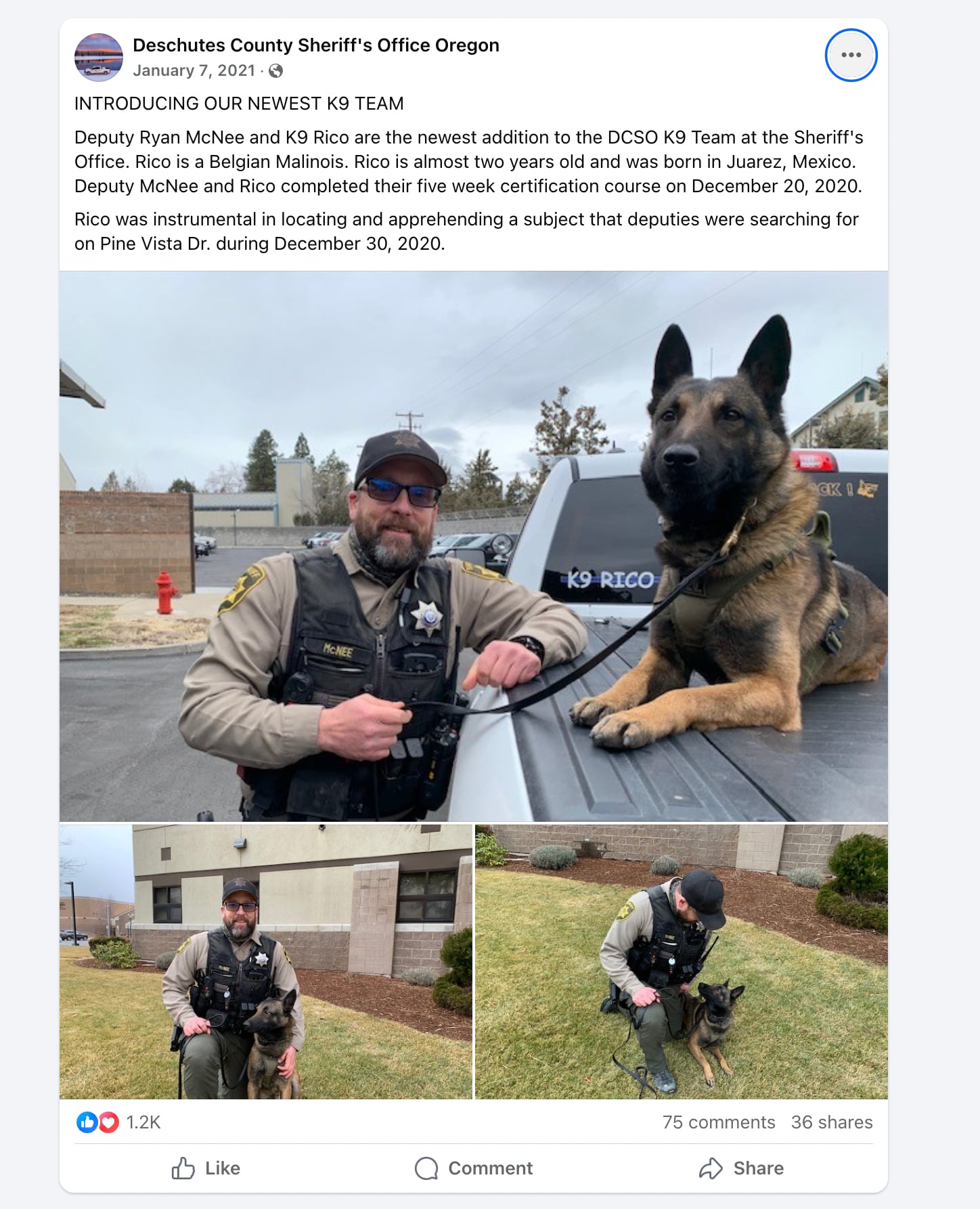 This May 12, 2025 screenshot shows Deschutes County Sheriff Deputy Ryan McNee with K9 Rico in a Jan. 7, 2021 Facebook post by the Sheriff's Office.