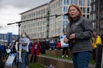 FILE: Vancouver mayor Anne McEnerny-Ogle speaks at a rally in April 2021. Officials are investigating a fire set at McEnerny-Ogle's house on Monday night.