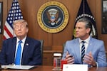 Defense Secretary Pete Hegseth speaks alongside President Donald Trump during a cabinet meeting, Friday, July 31, 2026, at Camp David, the presidential retreat, near Thurmont, Md., Friday, July 31, 2026.