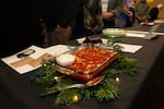 Liz Goodrich's tomato aspic salad at the Holiday Gelatin Salad Show in Bend, Ore., on Dec. 13, 2025. Goodrich said she was hoping there would be leftovers to take home.
