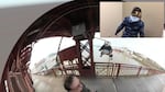 Wearing an HTC Vive headset, Kristin Lucas (inset) looks into the 360 video that Brooklyn artist William Pappenheimer filmed walking across the Broadway Bridge (seen here as a 2D screenshot). She can fully move into the bubble, or explore one of the other 360 videos that Pappenheimer has placed nearby.