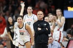 FILE: Oregon State head coach Scott Rueck looks on as the Oregon State bench reacts behind him during an NCAA college basketball game against Stanford on Feb. 29, 2024, in Corvallis, Ore. Stanford won 67-63.
