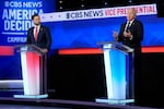 Republican vice presidential nominee Sen. JD Vance, R-Ohio, and Democratic vice presidential nominee Minnesota Gov. Tim Walz participate in vice presidential debate hosted by CBS News Tuesday, Oct. 1, 2024, in New York.