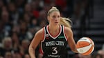 FILE — Portland Fire guard Sarah Ashlee Barker plays against the Chicago Sky in Portland, on Saturday, May 9, 2026. Barker scored the game winning basket a fraction of a second before the final buzzer sounded in Tuesday night's win over the New York Liberty.