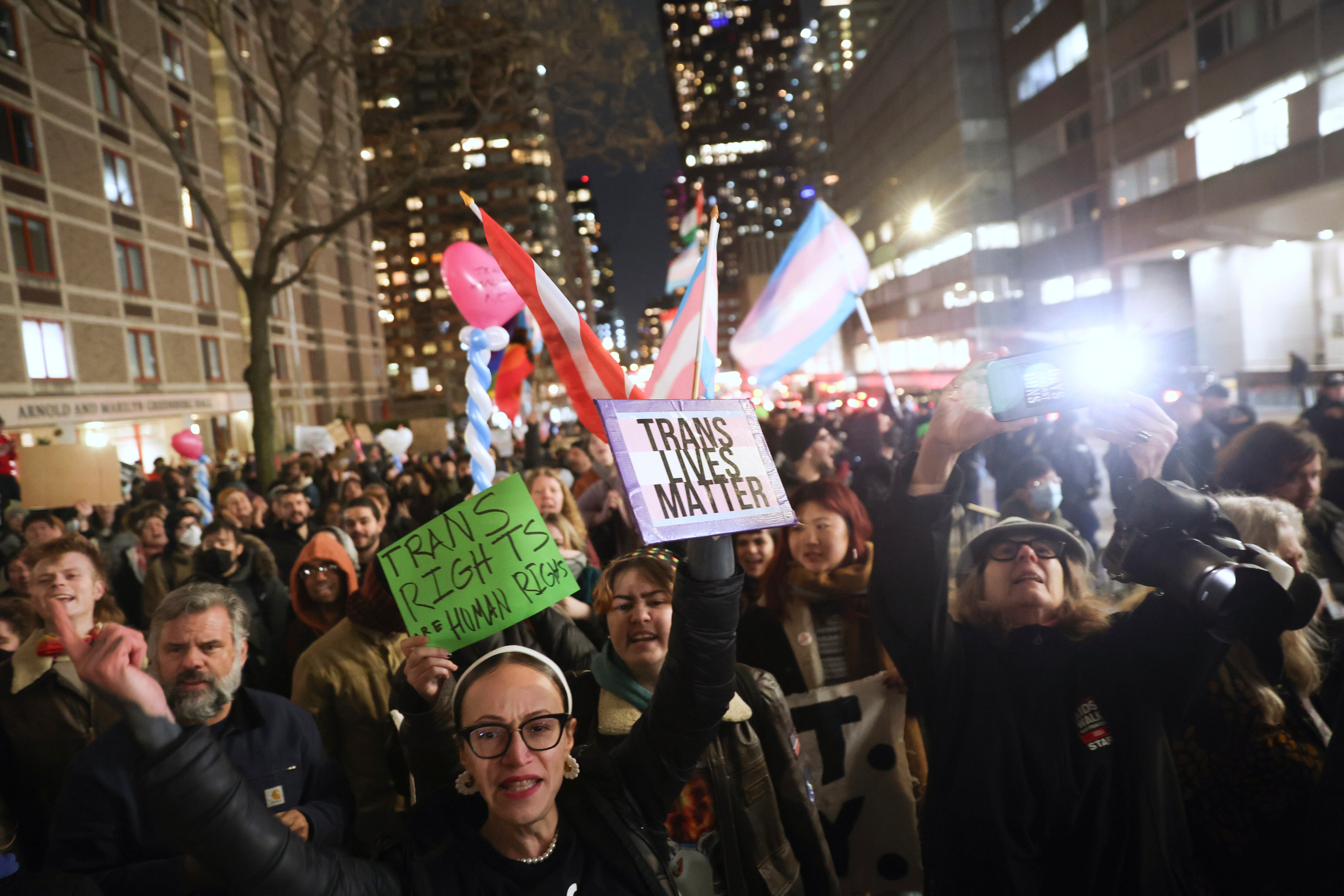The crowd marches during a rally demanding that NYU Langone commit to providing gender-affirming care for transgender youth following an executive order by President Donald Trump aimed at cutting federal funding, Monday, Feb. 3, 2025, in New York.