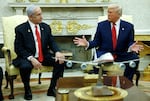 President Donald Trump speaks alongside Israeli Prime Minister Benjamin Netanyahu during a meeting in the Oval Office of the White House on April 7, 2025, in Washington, D.C. Netanyahu and Trump are to meet again on Monday.
