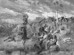 An illustration shows people trying to flee the fire of Peshtigo in Wisconsin in 1871.