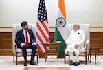 U.S. Vice President JD Vance talks with Indian Prime Minister Narendra Modi during a meeting in New Delhi, India, on Monday.