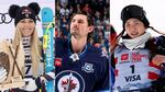 Side-by-side photos of Alpine skiier Lindsey Vonn, NHL player Connor Hellebuyck and halfpipe snowboarder Chloe Kim.