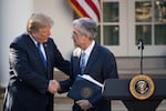 Trump shakes hands with his then nominee for Fed Chair Jerome Powell at a press event in the Rose Garden at the White House on Nov. 2, 2017 in Washington, D.C. Despite appointing Trump in his first term, the two men have had a contentious relationship.