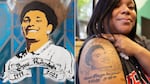 Left: A mural of Barry Washington Jr. in Bend, Ore., on Oct. 25, 2025. The mural was painted on an electrical box near where Washington Jr. was killed. Right: La'Wanda Roberson shows off her tattoo of Barry Washington Jr., her firstborn son, in Bend, Ore., on Oct. 25, 2025.
