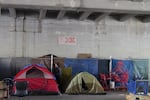 Outreach worker Liz Weber tries to start a conversation. Tent camping isn't allowed on sidewalks, but the city has been lenient in enforcing the rules.