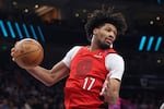 FILE - Portland Trail Blazers guard Shaedon Sharpe, April 9, 2025, in Salt Lake City.