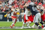 Kansas City Chiefs running back Isaiah Pacheco (10) runs the ball against the Las Vegas Raiders in an NFL football game, Sunday, Nov. 26, 2023, in Las Vegas, NV.