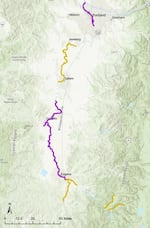 A map showing the Willamette River. The stretch from Eugene to north of Corvallis is purple, as is the area from south Portland to Vancouver. The area between Salem and Newberg is yellow, as is some areas south of Eugene.