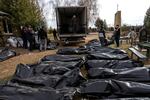Body bags are arrayed in columns with a truck behind them.
