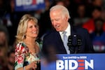 FILE - In this Feb. 29, 2020 file photo, Democratic presidential candidate former Vice President Joe Biden, accompanied by his wife, Jill Biden, speaks at a primary night election rally in Columbia, S.C. Jill Biden is a prankster. The Democratic Party’s attempt to adapt its typical convention rituals to a pandemic-induced virtual affair will be put through its paces Tuesday night. (AP Photo/Gerald Herbert, File)