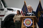 Gov. Tina Kotek, center, and Kacey KC, the new director of the Oregon Department of Forestry, left, at a briefing on the wildfire season at the Office of the State Fire Marshal in Salem on May 5, 2026.