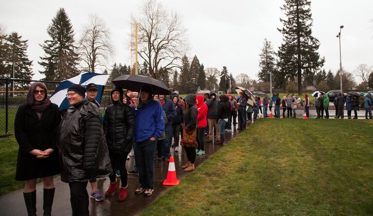 People waited in line for hours ahead of Bernie Sanders' campaign event in Vancouver, Washington.