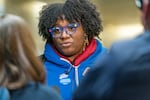 Portland Association of Teachers President Angela Bonilla talks with the media fo in Portland, Nov. 28, 2023.