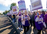 Hundreds of nursing assistants, lab staff, and other healthcare service workers picket Kaiser Sunnyside Hospital on Thursday Oct. 5, 2023. The national strike by a coalition of Kaiser Unions lasted three days.