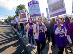 Hundreds of nursing assistants, lab staff, and other healthcare service workers picket Kaiser Sunnyside Hospital on Thursday Oct. 5, 2023. The national strike by a coalition of Kaiser Unions lasted three days.