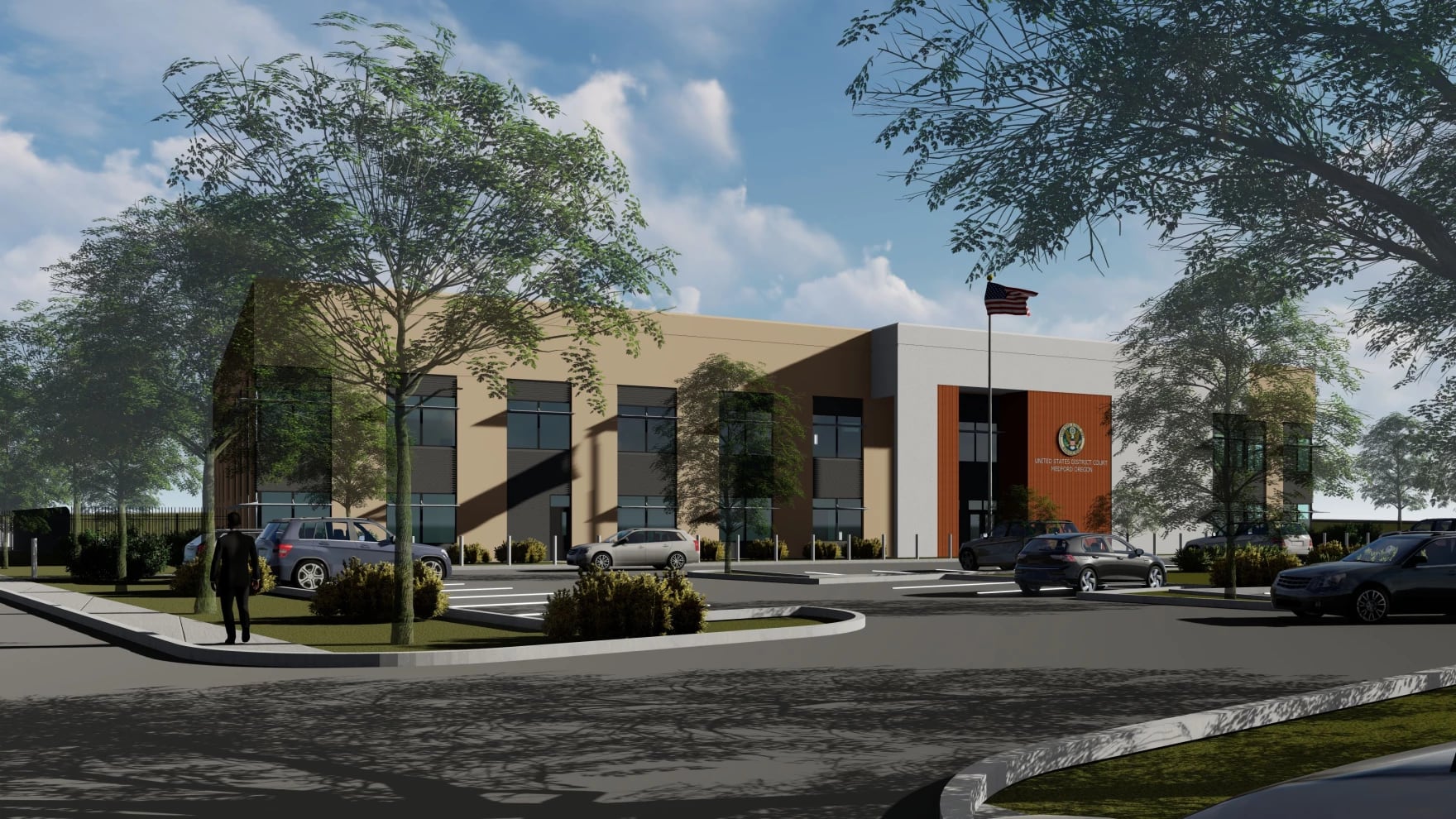 An artist's rendering of a planned new federal courthouse in Medford, Ore., provided by Easterly Government Properties Inc. The federal government plans to sell the James A. Redden courthouse, which is more than 100 years old.