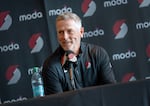 Tom Dundon, one of the new owners of the Portland Trail Blazers, speaks during a press conference at the Moda Center, April 2, 2026. 