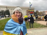 Maryna Zinevych, 54, in the central square of Kherson on Wednesday. "People didn't go into the streets," except to buy basics like food, says Zinevych of life under Russian occupation. "We were under constant pressure, constant watch."