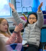 Soleil Lee, 8, plays the PAX Good Behavior Game during class at Fern Hill Elementary School in Forest Grove, Ore., Nov. 9, 2023. The game focuses on helping students identify and encourage positive “PAX” behaviors  and avoid “spleems” as part of daily classroom management.