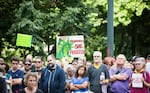 A crowd of a few hundred people attends the Portland Solidarity with Charlottesville vigil outside Portland City Hall Sunday, Aug. 13, 2017.