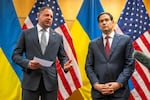 Head of the Office of the President of Ukraine Andriy Yermak, second right, and U.S. Secretary of State Marco Rubio talk to the press as their consultations continue at the U.S. Mission to International Organizations in Geneva, Switzerland, Sunday, Nov. 23, 2025.