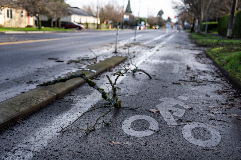 Storm debris litters the street on N Rosa Parks Way on Wednesday, Dec. 17., 2025 in Portland, Ore.