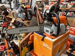 Wayne's Chainsaw Museum contains rare and unique chainsaws, like this jet saw photographed inside the museum in Clark County on Jan. 23, 2026. Wayne Sutton said this one-of-a-kind saw was made in 2014 by engineers at Stihl "on a lark" and  is powered by a twin compressor turbine engine that sounds like a jet when in use. This jet saw was never put into production and donated to Sutton by Peter Stihl, a former leader of the company and son of its founder.